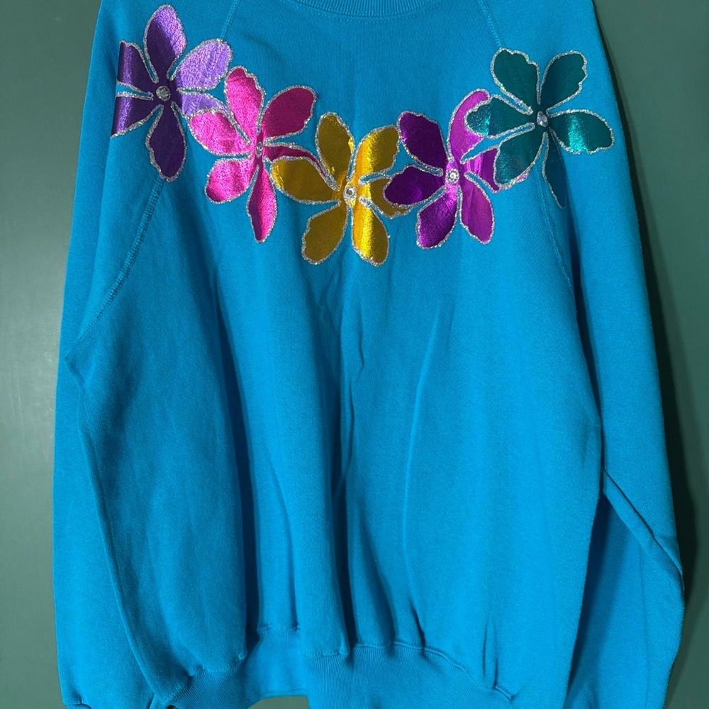 Lee Womens XL Blue Floral Applique Sweatshirt Retro Cottagecore Midweight USA